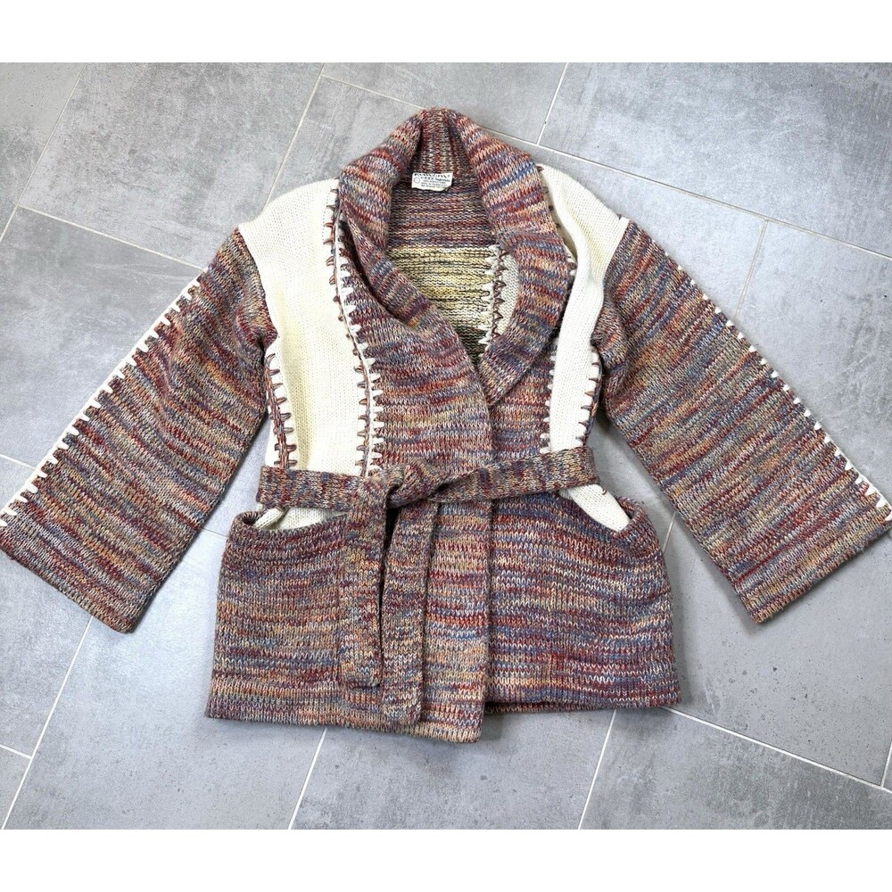 VTG 70s Kimlon Sweater S/M Colorful Ivory Patchwork Belted Cardigan SouthWestern